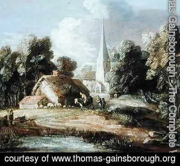 Thomas Gainsborough - Landscape with a Church Cottage Villagers and Animals