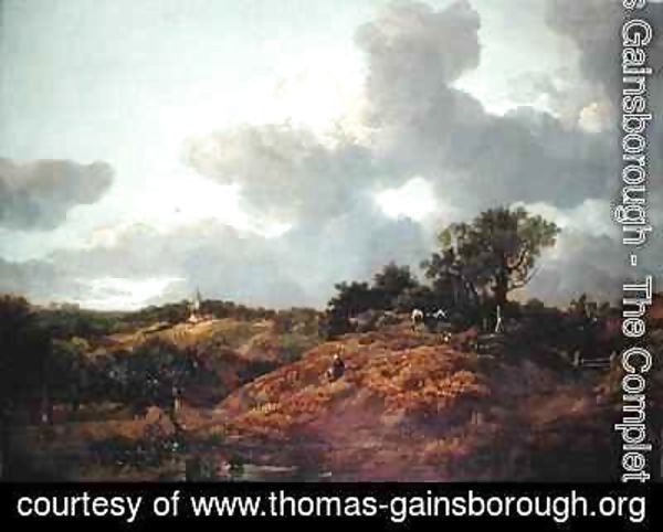 Thomas Gainsborough - A wooded landscape in Suffolk with cows and a herdsman a village beyond