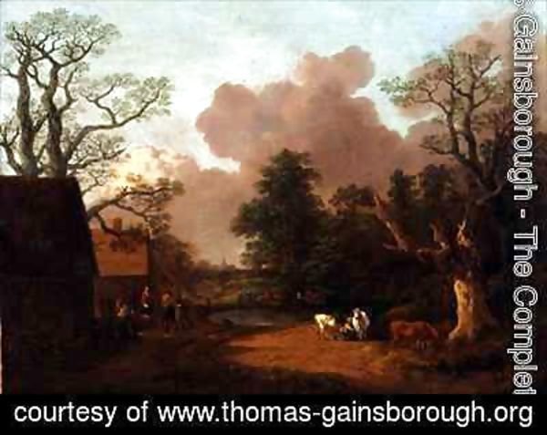Thomas Gainsborough - A Landscape with Figures Farm Buildings and a Milkmaid