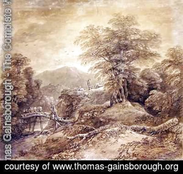 Thomas Gainsborough - Wooded Mountain Landscape Herdsman and Cows Crossing