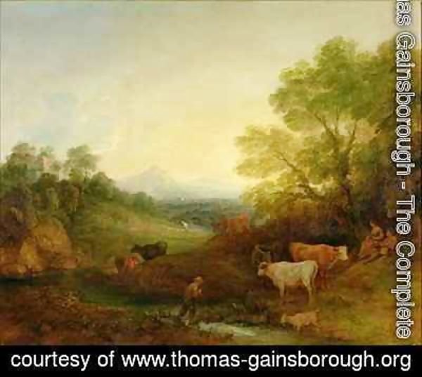Thomas Gainsborough - A Landscape with Cattle and Figures by a Stream and a Distant Bridge