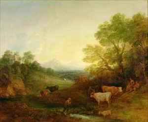 Thomas Gainsborough - A Landscape with Cattle and Figures by a Stream and a Distant Bridge