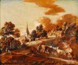 Thomas Gainsborough - An Imaginary Wooded Village with Drovers and Cattle