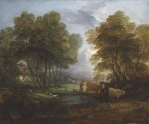 Thomas Gainsborough - A wooded landscape with a herdsman, cows and sheep near a pool