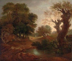 Thomas Gainsborough - A wooded landscape with a pond and a figure on a path