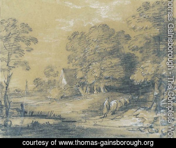 A wooded landscape with a shepherd and his flock fording a stream, a cottage beyond