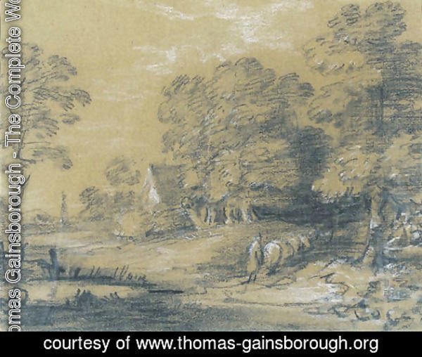 Thomas Gainsborough - A wooded landscape with a shepherd and his flock fording a stream, a cottage beyond