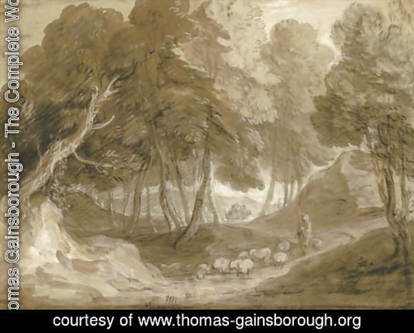 A wooded landscape with shepherd and sheep
