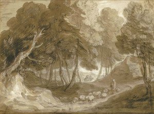 A wooded landscape with shepherd and sheep