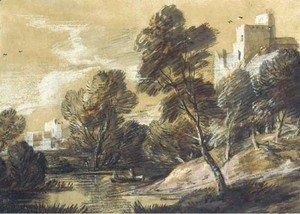A wooded river landscape with figures in a boat and buildings