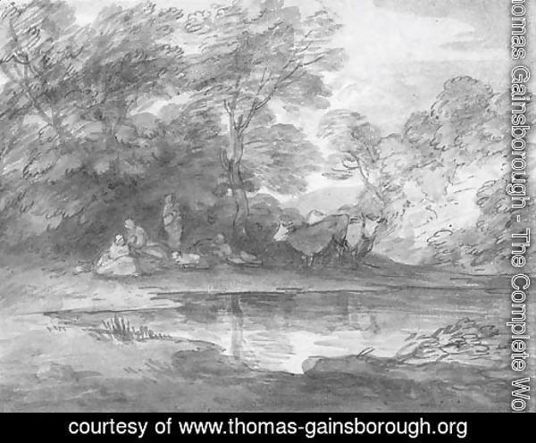 Figures and cattle in a wooded landscape