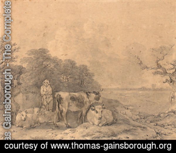 Herdsman with cows and sheep outside a cottage at the edge of a wood