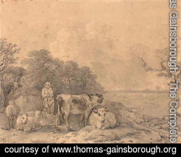 Thomas Gainsborough - Herdsman with cows and sheep outside a cottage at the edge of a wood