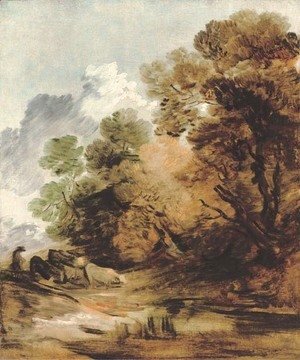Wooded landscape with a herdsman driving cattle towards a pool