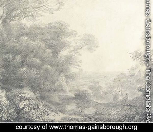 Thomas Gainsborough - Wooded landscape with figures, donkeys and buildings
