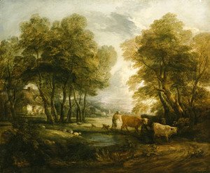 A wooded Landscape with Herdsmen, Cows and Sheep near a Pool, figures outside a cottage beyond