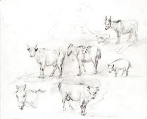 Study Of Horses, Cows, A Donkey And A Pig