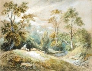 Thomas Gainsborough - A Wooded Landscape With Herdsman And Cattle