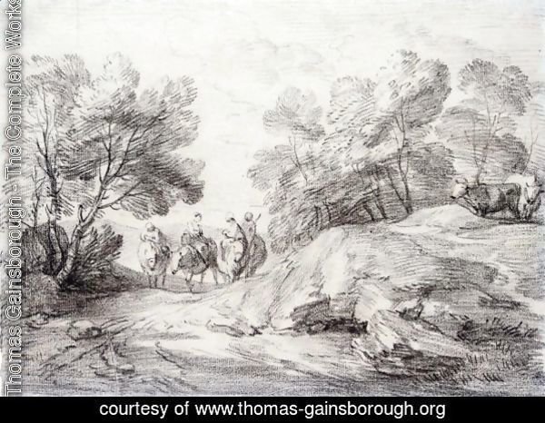 Wooded Landscape With Four Riders And Two Cows
