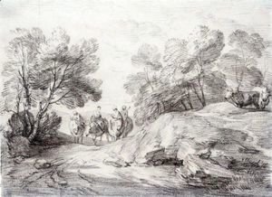 Wooded Landscape With Four Riders And Two Cows