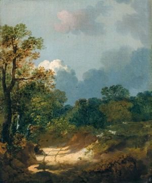 Wooded Landscape With Shepherd Resting By A Sunlit Track And Scattered Sheep