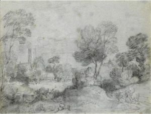 Thomas Gainsborough - Wooded Landscape With A Traveller On A Country Road, A Church And Cottages Beyond
