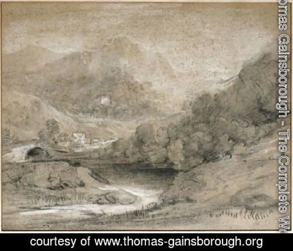 Thomas Gainsborough - Wooded Mountain Landscape With River And Buildings