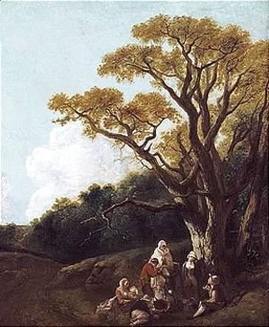 Wooded Landscape With Peasants And Donkey Round A Fire, Figures And Distant Church (The Gypsies)