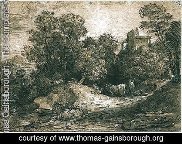 Thomas Gainsborough - Wooded Landscape With Herdsman And Cattle, A Building Beyond To The Right