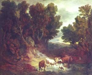 A Wooded Landscape with Drinking Animals