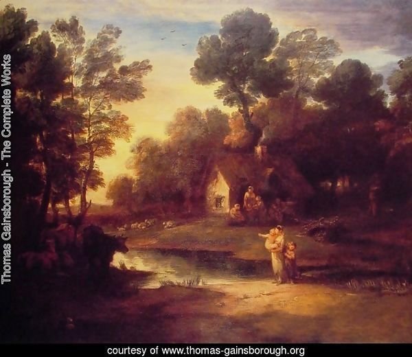 Wooded Landscape with Cattle by a Pool and a Cottage at Evening