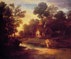 Wooded Landscape with Cattle by a Pool and a Cottage at Evening