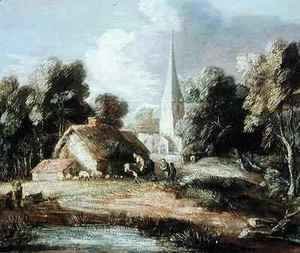 Landscape with a Church Cottage Villagers and Animals