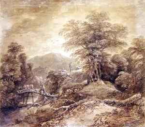 Wooded Mountain Landscape Herdsman and Cows Crossing