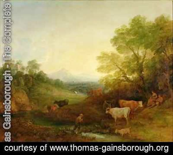 A Landscape with Cattle and Figures by a Stream and a Distant Bridge