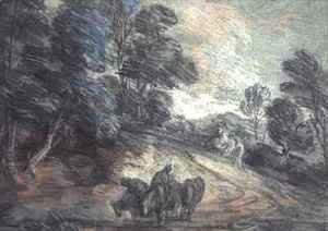 A Wooded Landscape with Horses Drinking
