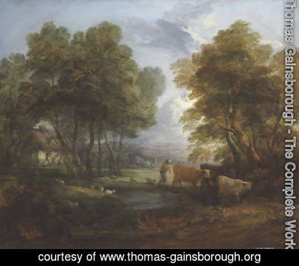 A wooded landscape with a herdsman, cows and sheep near a pool