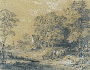 Thomas Gainsborough - A wooded landscape with a shepherd and his flock fording a stream, a cottage beyond