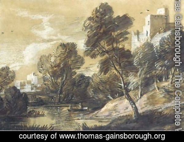 Thomas Gainsborough - A wooded river landscape with figures in a boat and buildings