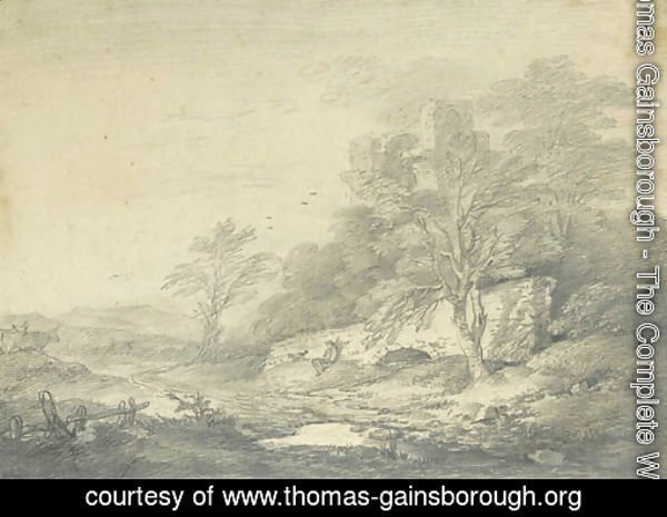 An extensive landscape with a traveller resting below a stone bridge, a ruined castle on a hill beyond