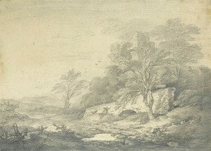 Thomas Gainsborough - An extensive landscape with a traveller resting below a stone bridge, a ruined castle on a hill beyond