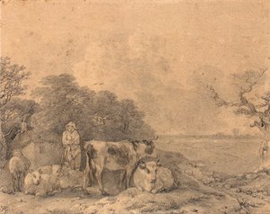 Herdsman with cows and sheep outside a cottage at the edge of a wood
