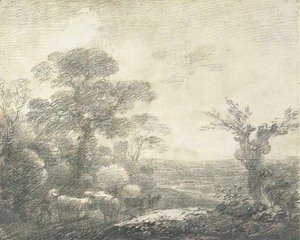 Wooded landscape with herdsmen, cows, river and church tower