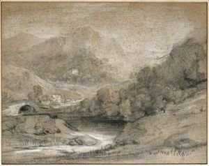 Wooded Mountain Landscape With River And Buildings
