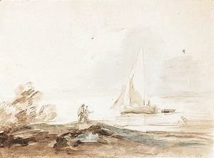 Lake Scene With Figures And Sailing Ship