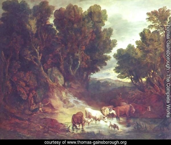 A Wooded Landscape with Drinking Animals