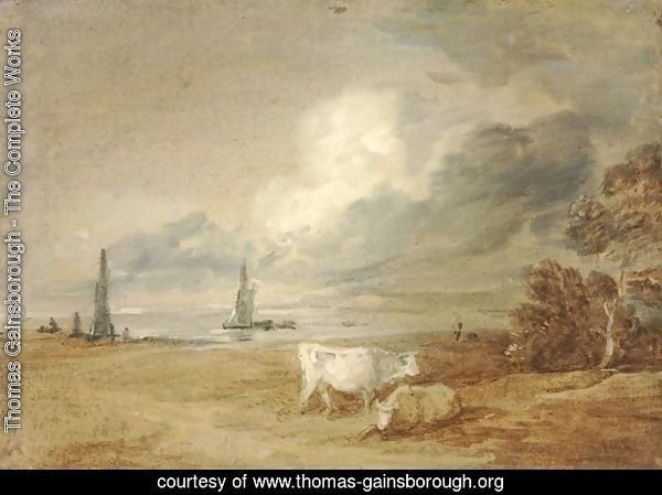 Coastal scene with shipping, figures and cows